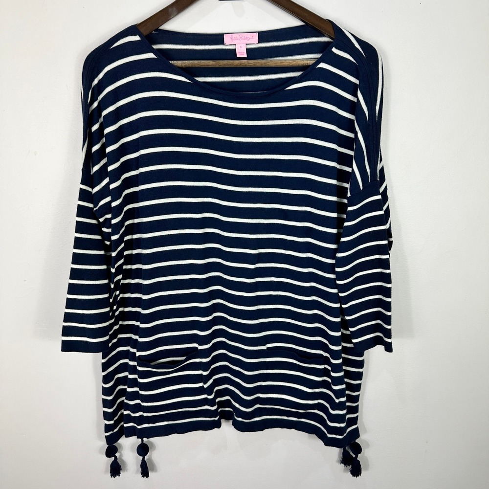 Lilly Pulitzer Top Small‎ Navy White Stripe Tassel Hem Pocket Tunic